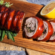 Rolled Pork Belly, Slow Spit Roasted, with Freshly Squeezed Lemon and Maldon Sea Salt served with Homemade Sweet Mustard  and Apple Sauces