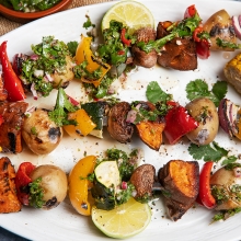 Veggie skewers with chimmichuri sauce